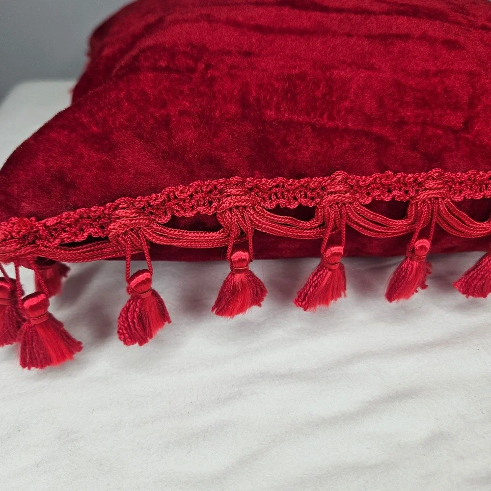 Red Velvet Throw Pillow with Tassel Fringe Trim Square 13x13 Decorative Accent